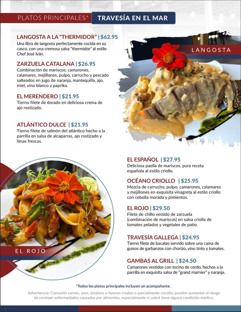 Menu de mariscos con una variedad de platos para comer bien rico.