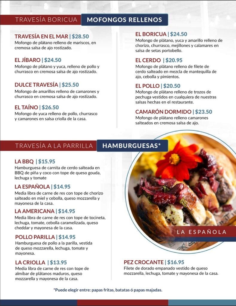 Menu de mofongos y hamburgers con una variedad de platos para el hambriento.