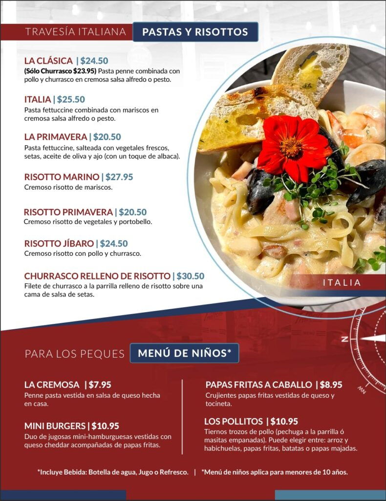 Menu de pastas y menu para niños con una variedad de platos para todos.Restaurante Travesia.
