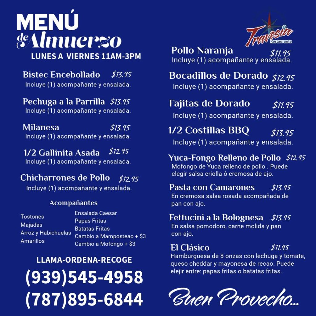 Menu de almuerzo de lunes a vierne de 11am a 3pm en Restaurante Travesia en Quebradillas Puerto Rico.